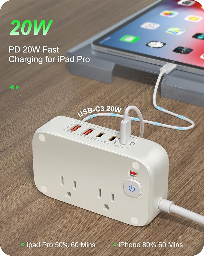 KWRNVO 5FT Portable USB C Power Strip Surge Protector PD 20W Flat Wall Plug - Image 4