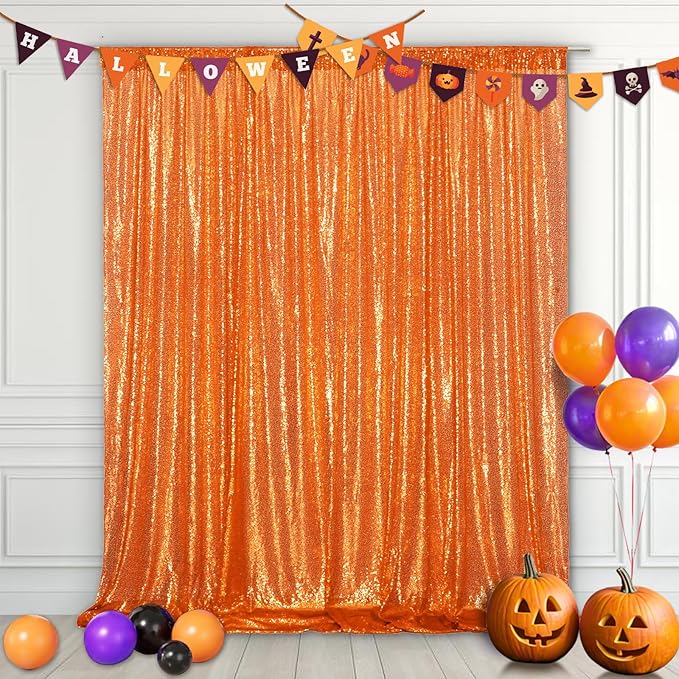 Eternal Beauty Orange Sequin Backdrop, 8x10 Ft Halloween Glitter Background C...