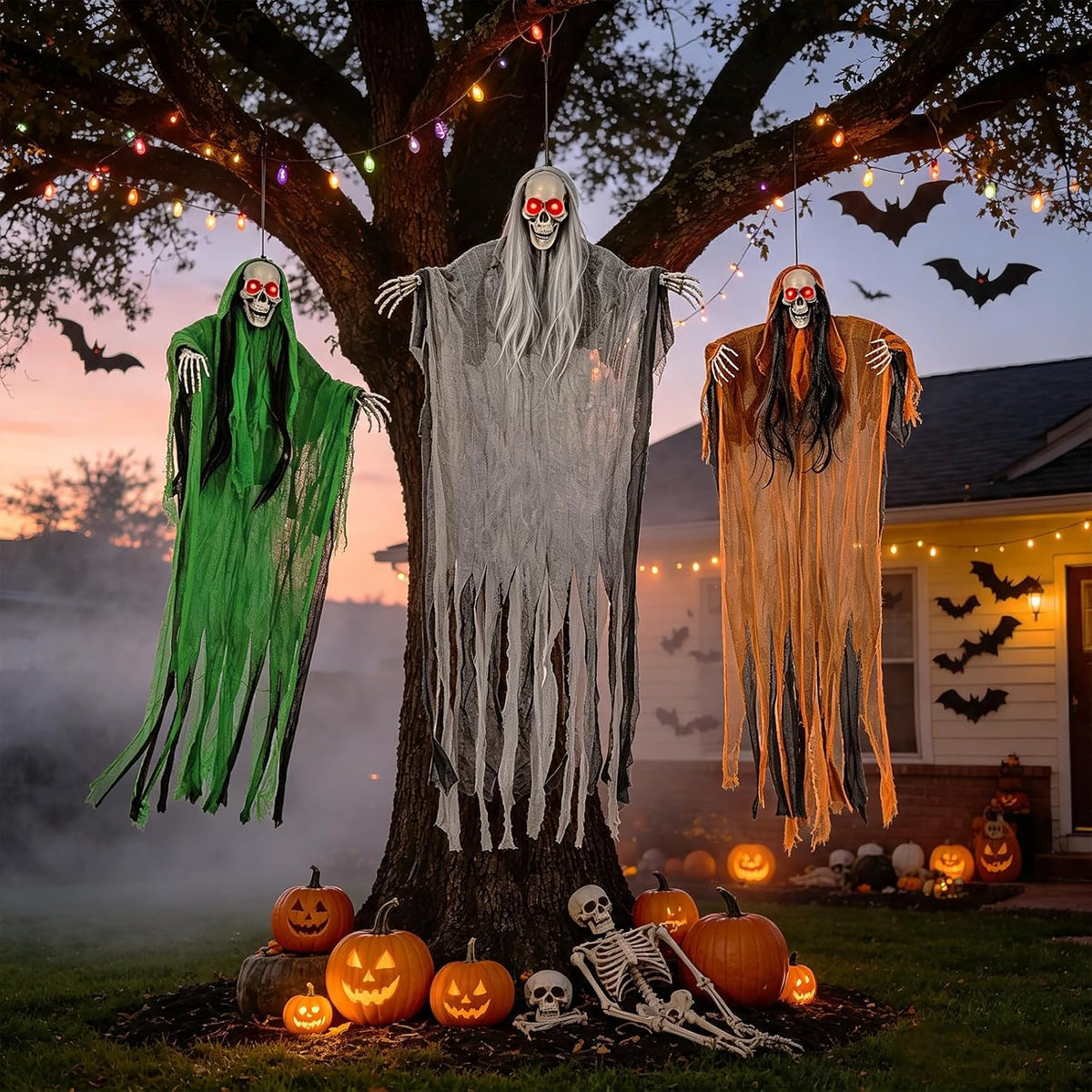 3 Pack Halloween Hanging Skeleton Ghost Decorations with Light Up Red Eyes