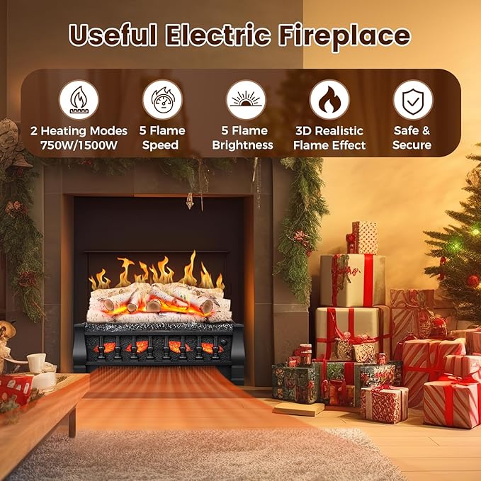 Electric Fireplace Insert Log Heater 21 Inches, 5 Flame Brightness, 750w/1500w - Image 7