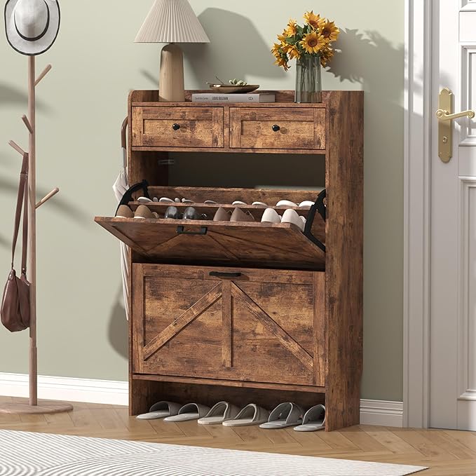 Shoe Cabinet with 2 Flip Drawers & 2 Storage Drawers, Rustic Farmhouse Narrow - Image 3