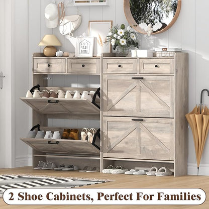 Shoe Cabinet with 2 Flip Drawers & 2 Storage Drawers, Rustic Farmhouse Narrow - Image 9