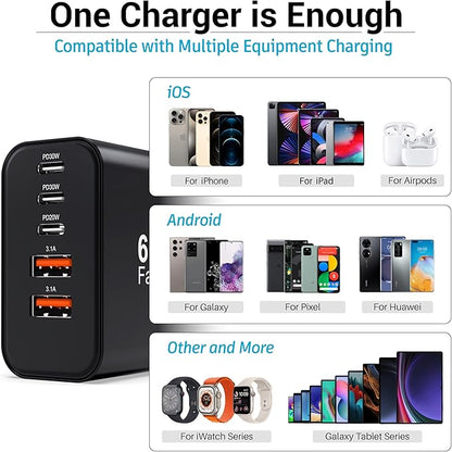 2-Pack 60W USB C Charger Block, 5-Port Fast Wall Charger Station, PD 3.0 & QC - Image 2