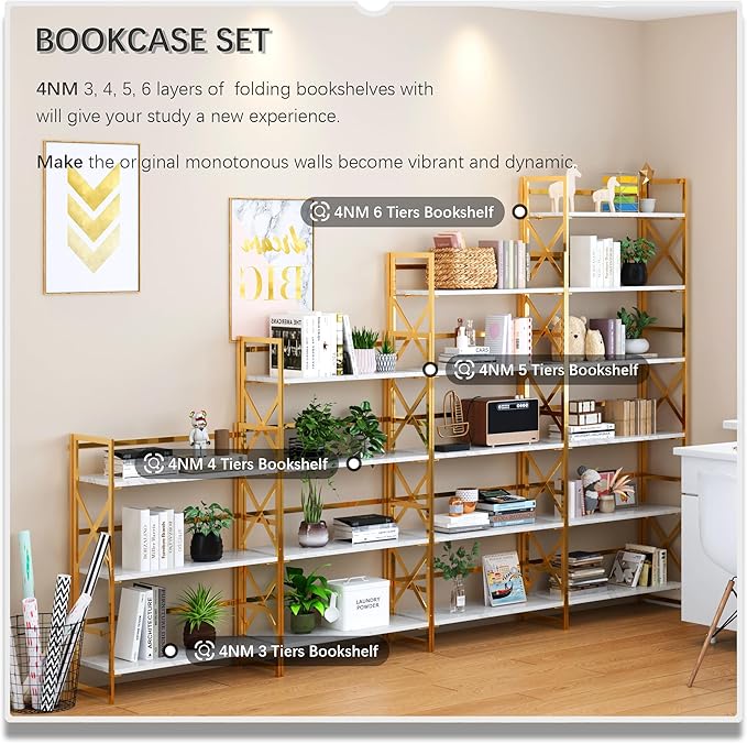 4NM 6 Tiers No Assembly Book Shelves, 61.8" H Folding Bookshelf Bookcase Open - Image 5