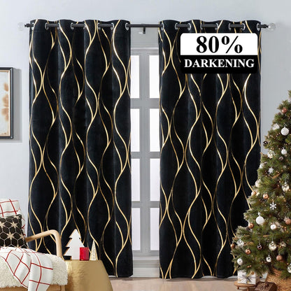 L.Z.E Black Gold Blackout Curtains for Bedroom, Heavy Duty Velvet Curtains 120 Inches Long 2 Panels Set, 80% Room Darkening Curtains for Living Room, Extra Long & Thick Drapes with Gold Pattern