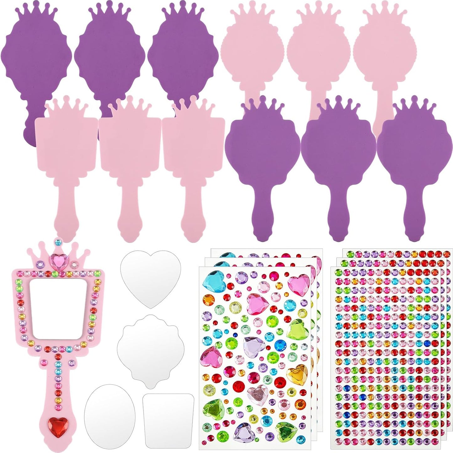 Liliful 12 Pack Princess Foam Mirrors for Girls,Stylish,Purple, Pink | Unfinished Mirror Craft with Gem Stickers, Unbreakable Toy for Birthday Party Favors, Kids DIY Decorating Activity