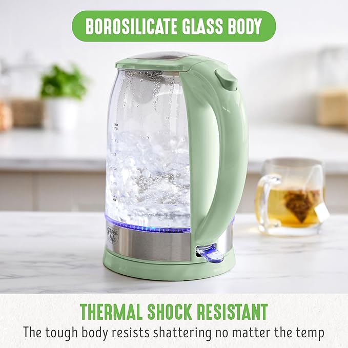 GreenLife 1.7 Liter Glass Electric Kettle, Easy One Touch Use, Quick Heating - Image 5