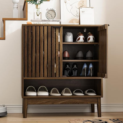Shoe Cabinet with Slatted Doors, 4 Tier Freestanding Shoe Cabinet Storage - Image 4