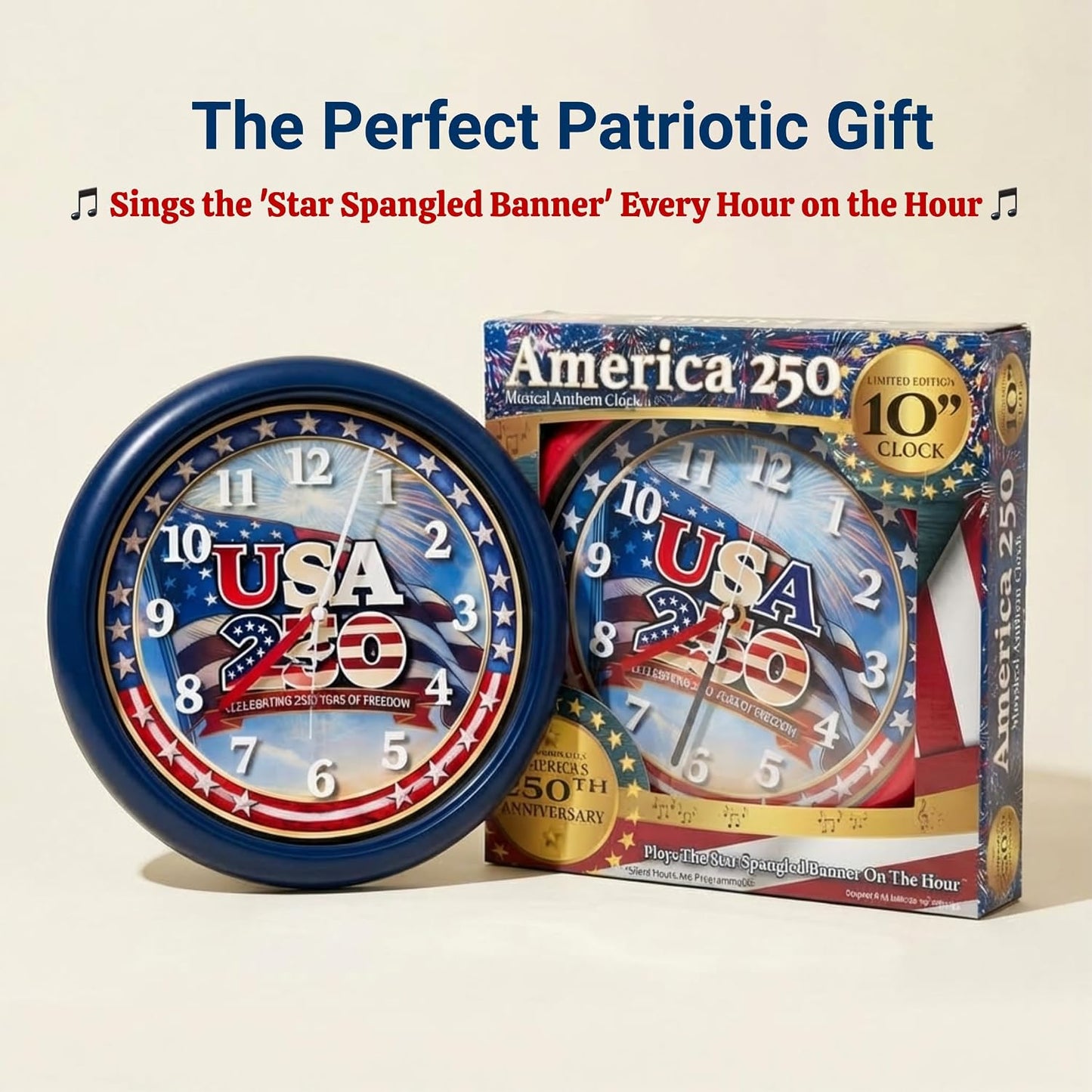Wall Clock, America 250 Musical Anthem, Battery, Blue | 10-inch Analog Clock, Patriotic Design, Silent Hours Programmable, Plays Star-Spangled Banner | Batteries Not Included