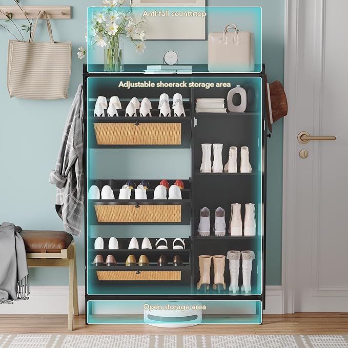 Rattan Wooden Shoe Cabinet, Freestanding 3-Flip Drawer Shoe Storage Organizer - Image 4
