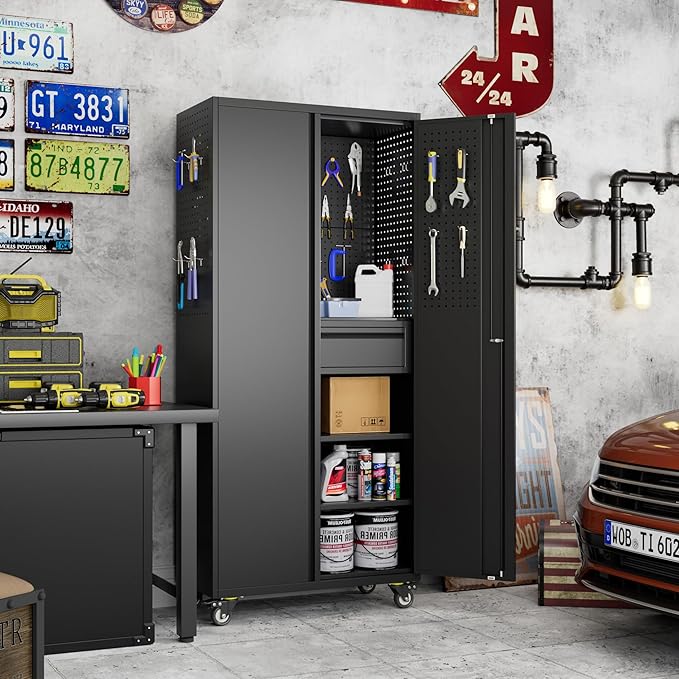 Garage Storage Cabinet with Wheels and Doors, Lockable Metal Storage Cabinet - Image 9