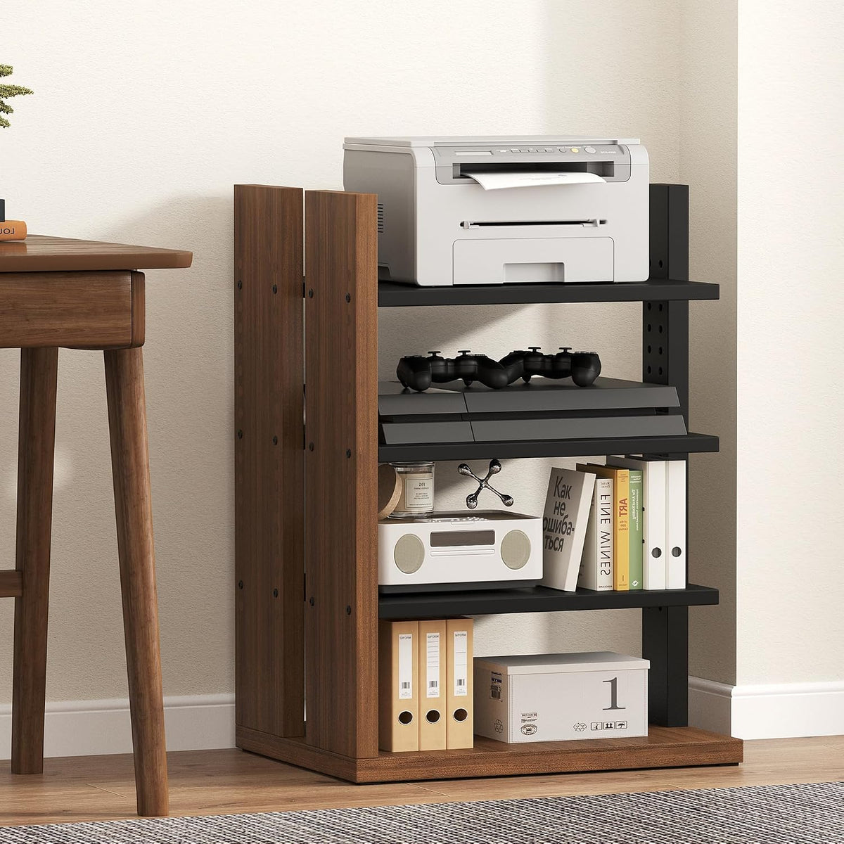 space-saving corner audio rack, 4-tier stereo cabinet media, front angle view