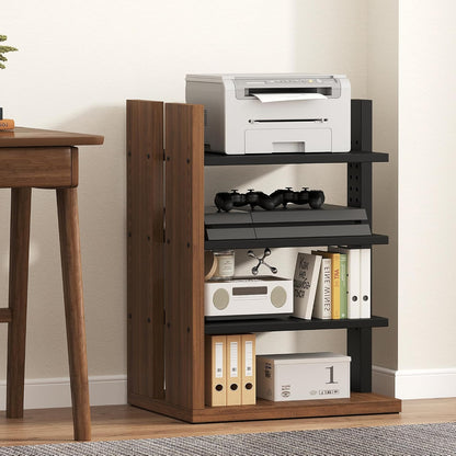 space-saving corner audio rack, 4-tier stereo cabinet media, front angle view