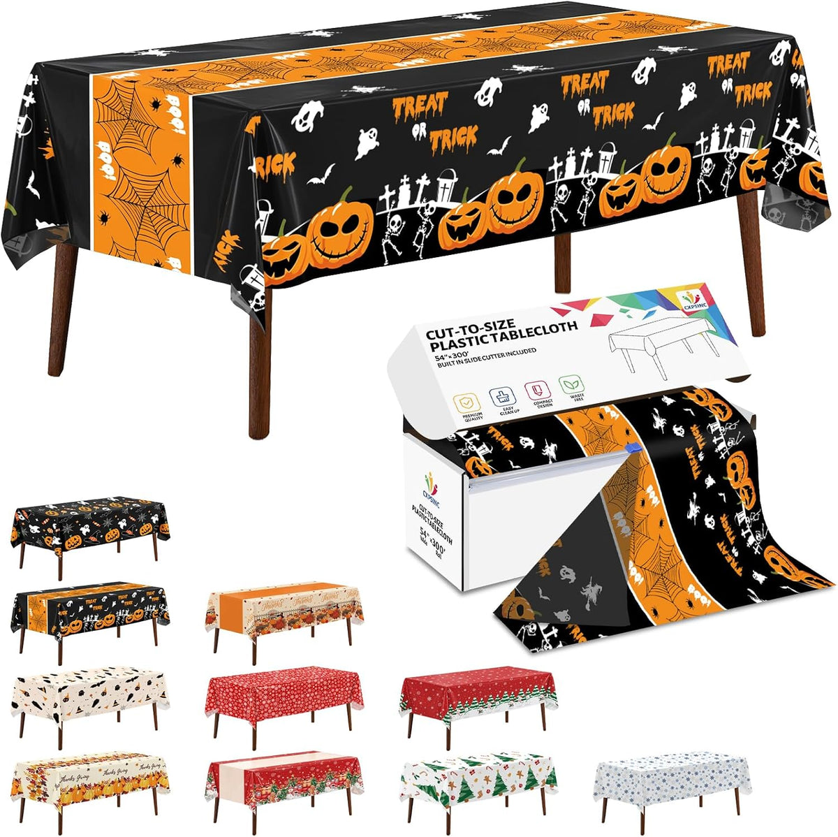 54 Inch X 300 Feet Plastic Table Cover Roll Disposable Halloween Tablecloth w...