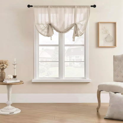 Gxi Beige Striped Sheer Curtain Tie Up Balloon Curtain for Kitchen Bathroom | Rod Pocket Farmhouse Linen Voile Valance for Living Room Small Window 1 Panel Width 39 x 47 inches Length