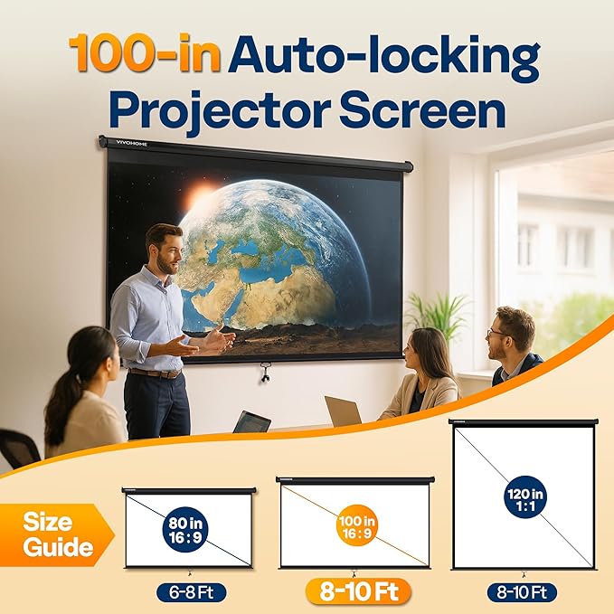 VIVOHOME 100 Inch 16:9 Pull Down Projector Screen, HD 4K Retractable Movie - Image 2