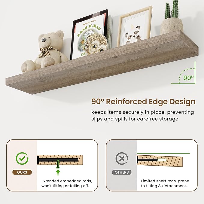 48in Floating Shelves for Wall, 2 Pack Long Wall Mounted Engineered Wood Shelves - Image 5