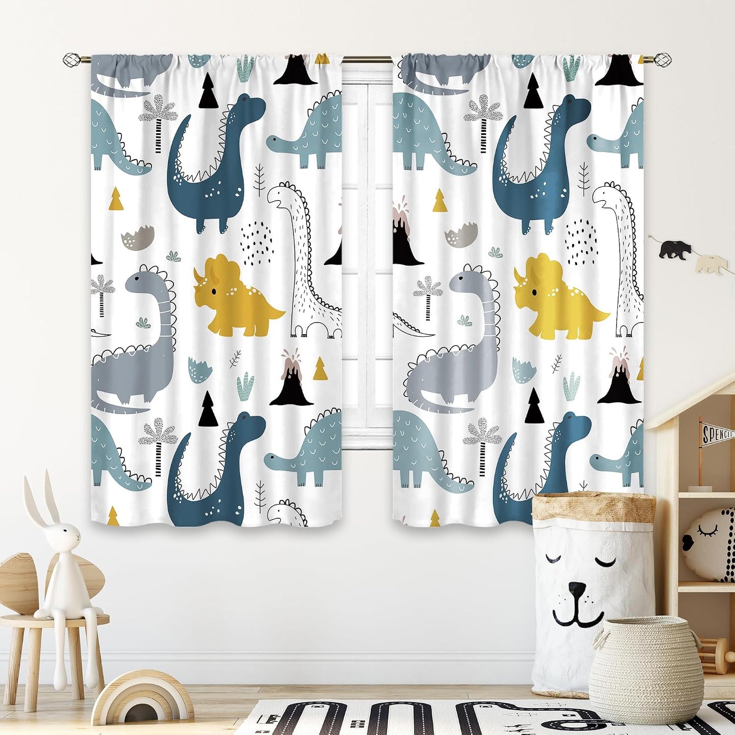 Dinosaur Kids Cartoon Dino Baby Boys Living Room Bedroom Window Curtains | 42"W x 45"L Cute Safari; fade-proof print, 2 panels, rod pocket, easy to install and washable.
