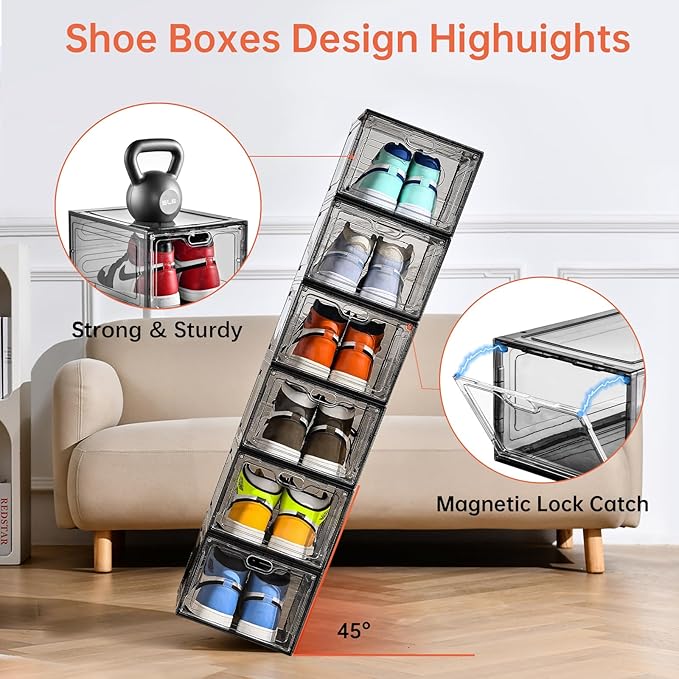 12 Pack Gray Transparent Shoe Storage Organizer, Stackable Shoe Boxes - Image 3