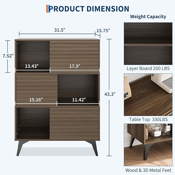 IDEALHOUSE Fluted Cabinet with Sliding Doors, Modern Wooden Storage Cabinet - Image 2
