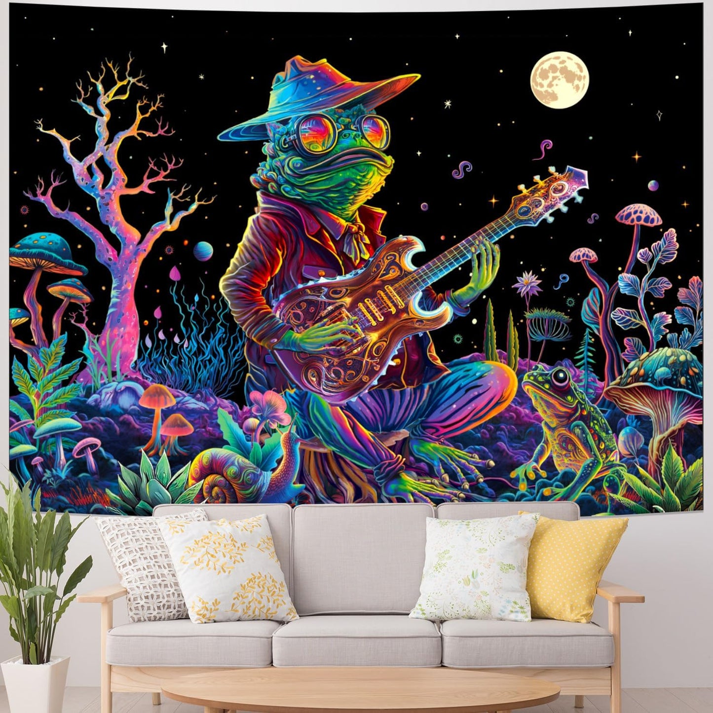 Galoker Blacklight Frog Tapestry Fantasy Neon Mushroom Tapestries UV Reactive Plant Floral Wall Tapestry Galaxy Space Tapestries Wall Hanging for Home Decor(H51.2×W59.1 inches)