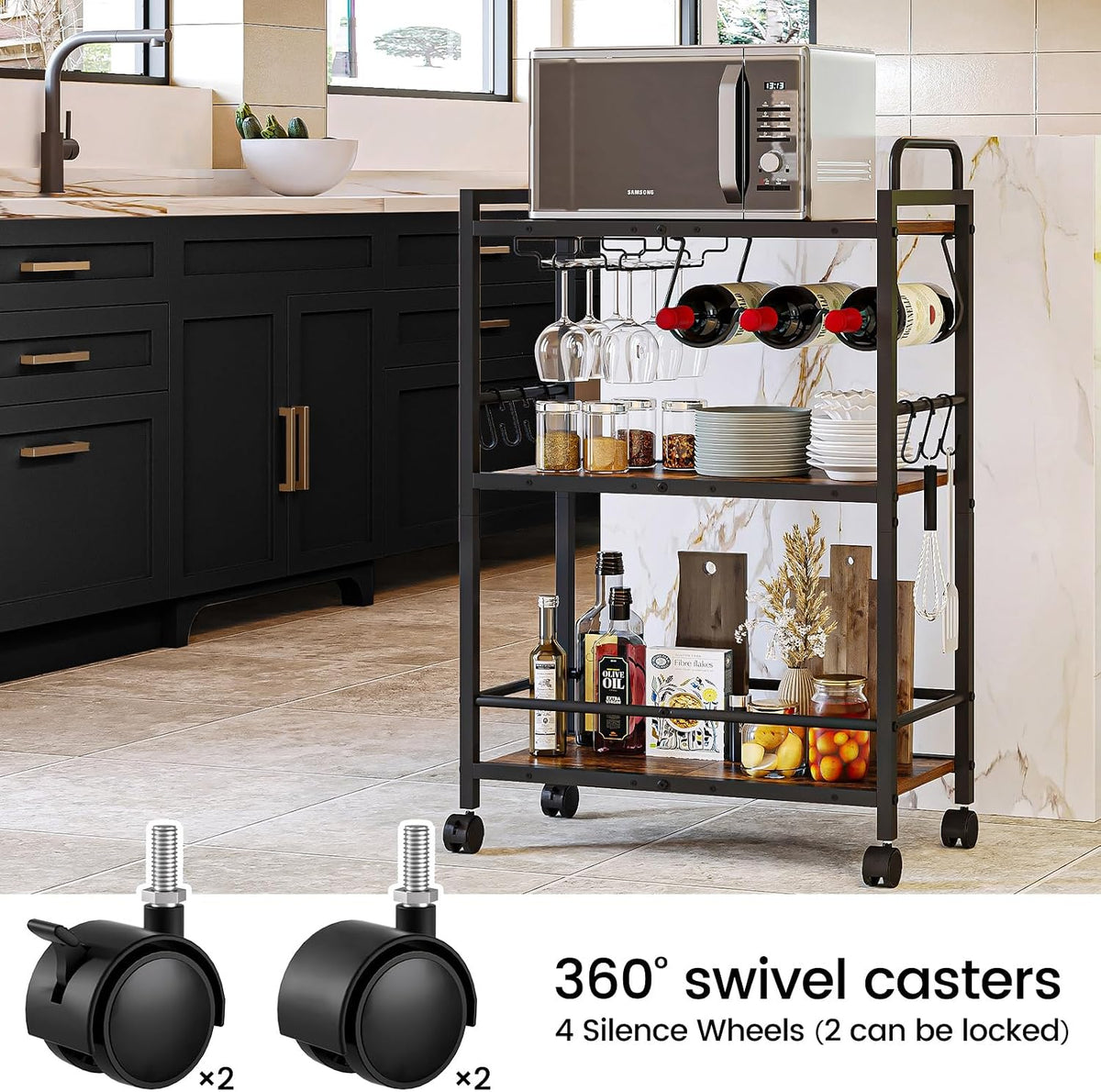 Bar Cart, Serving Cart for Home, Microwave Cart, Drink Cart, Mobile Kitchen S...