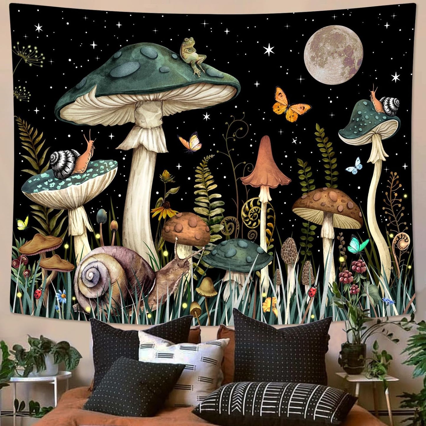 Zussun Green Mushroom Tapestry Moon Star Tapestries for Bedroom Aesthetic Starry Night Plant Tapastrys Wall Hanging Butterfly Snail Frog Wall Tapestry for Living Room Dorm (Dark, 48" x 36")