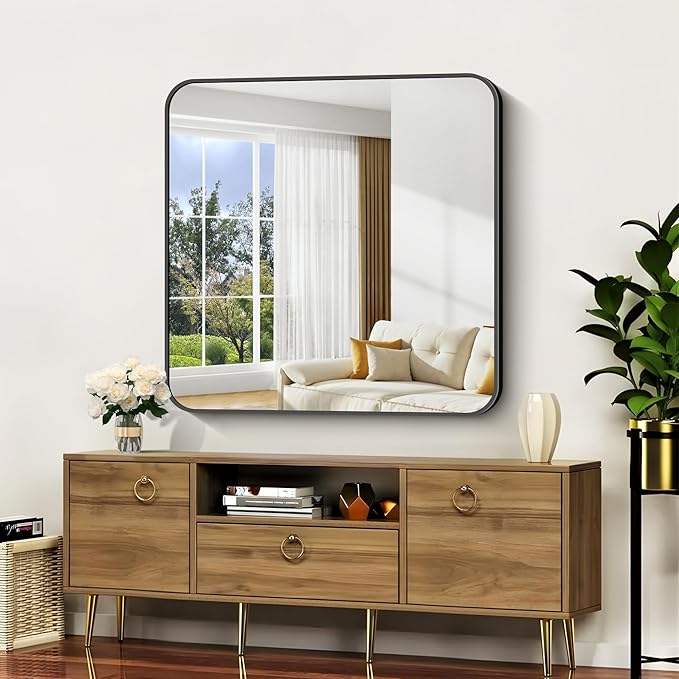 Bathroom Mirror, 39x39 inch Black Square Wall Mirror, Metal Frame Rounded - Image 4