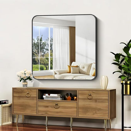 Bathroom Mirror, 39x39 inch Black Square Wall Mirror, Metal Frame Rounded - Image 4