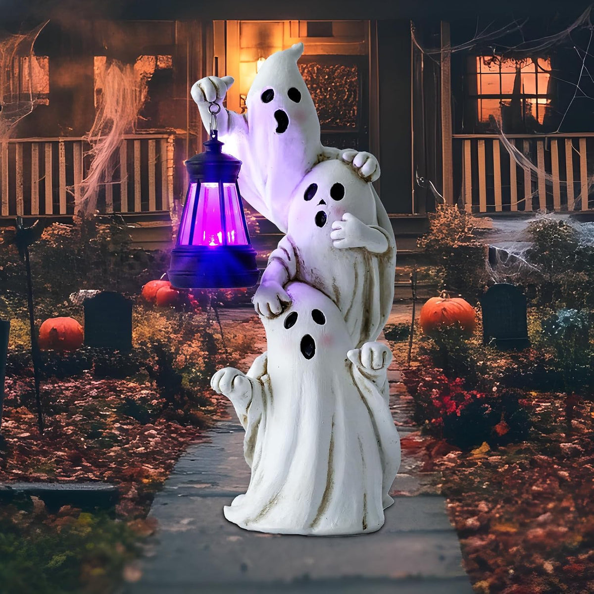 twinbling Triple Ghosts Halloween Decorations Outdoor with Solar Lantern,Cute...