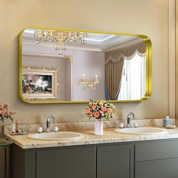 CIRCUMI Gold Bathroom Mirror, Rounded Corner, Tempered Glass, Large Mirror - Image 6