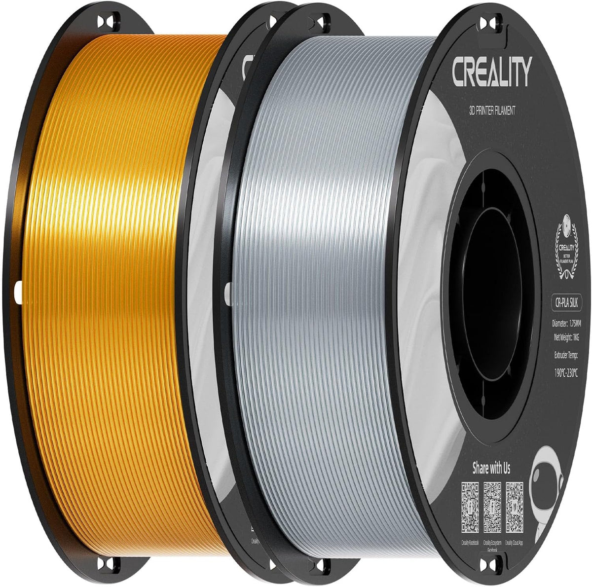 Creality Silk PLA 3D Printer Filament 1.75mm, 2kg, Gold & Silver