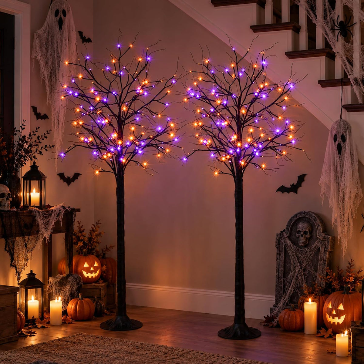 Cofiyard 2 Pack 6FT Halloween Tree with Lights, Total 288 LED Purple & Or...