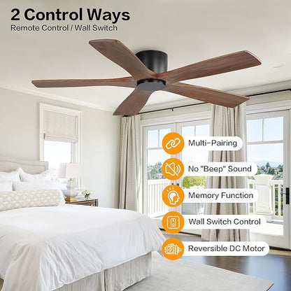 WINGBO 48" Flush Mount DC Ceiling Fans without Lights, 5 Carved Solid Wood - Image 2