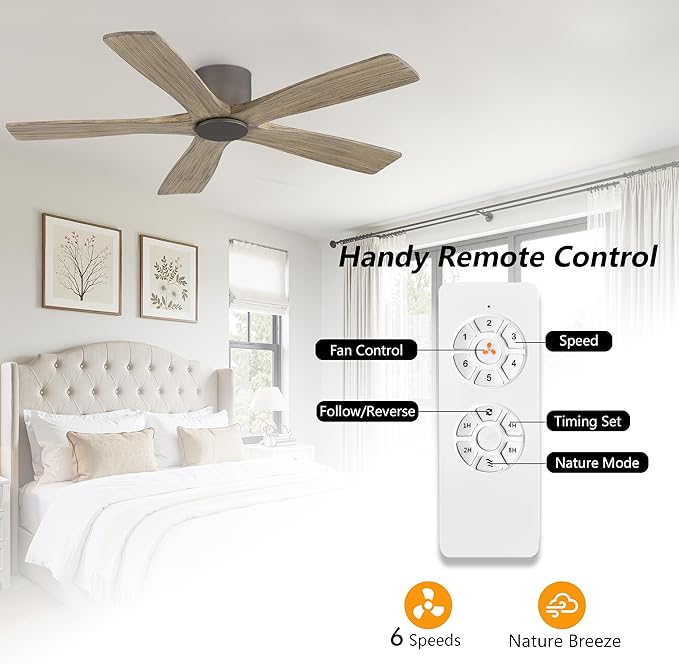 WINGBO 54" Flush Mount DC Ceiling Fans without Lights, 5 Carved Solid Wood - Image 7