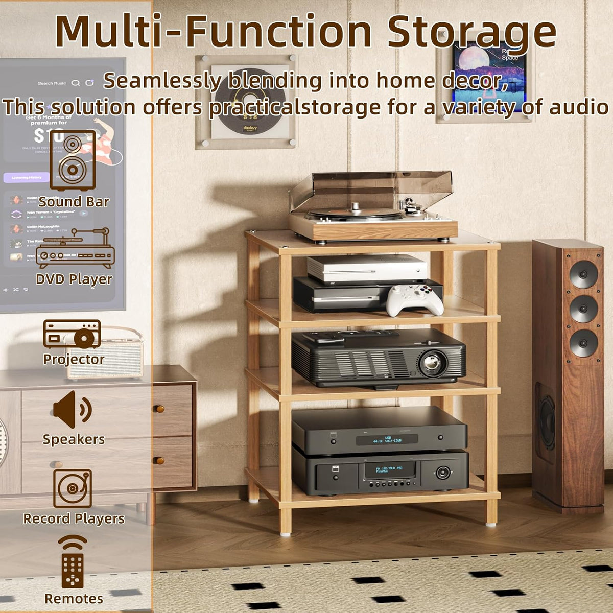 LELELINKY 4-Tier AV Media Player Stand, Natural Stereo Cabinet, Modern Audio ...