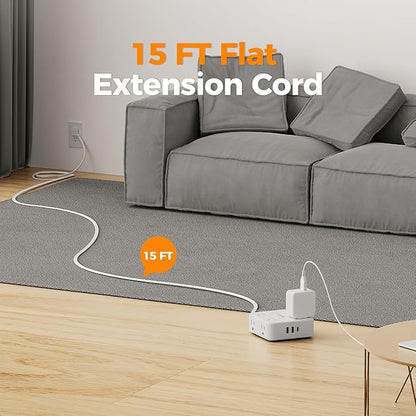 Surge Protector Power Strip, TESSAN 15 FT White Extension Cord Flat Plug - Image 2