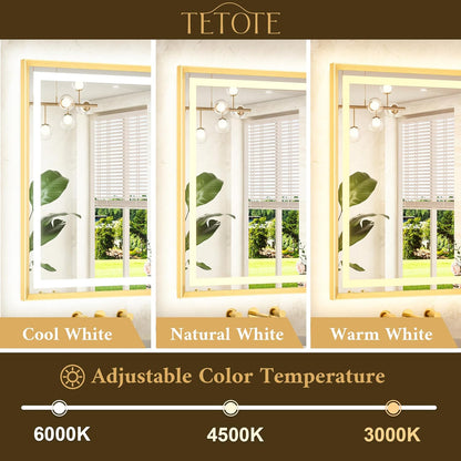 Led Bathroom Mirror 30 x 30 with Brushed Gold Frame Anti-Fog Frontlit & Backlit Vanity Mirror Stepless Dimmable Lighted Mirrors for Bathroom Wall 3 Colors White/Warm/Natural Wall-Mounted