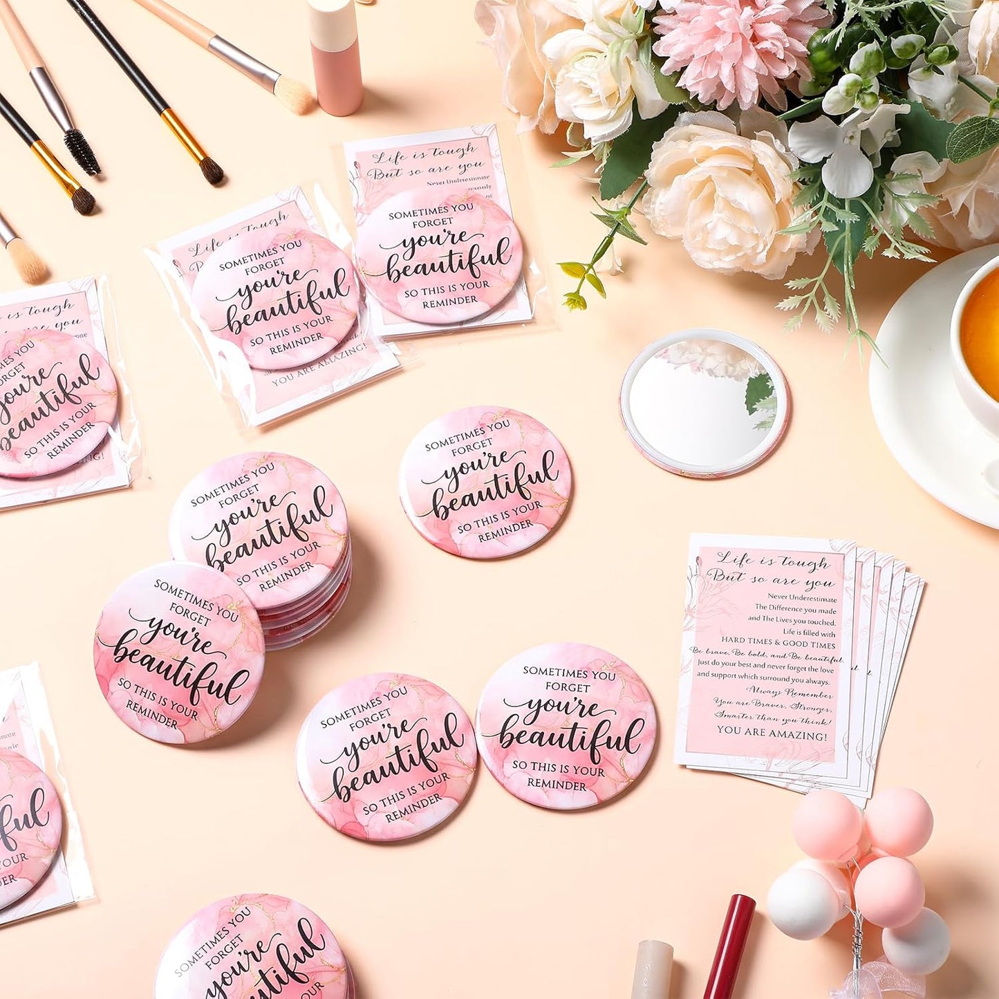 Cinnvoice 25 Sets Pink Mirror Gifts for Women Inspirational Mini Compact Mirror Bulk Small Round Pocket Makeup Gifts for Wedding Cheerleader Coworker Birthday Party Favor (Beautiful)