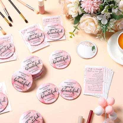Cinnvoice 25 Sets Pink Mirror Gifts for Women Inspirational Mini Compact Mirror Bulk Small Round Pocket Makeup Gifts for Wedding Cheerleader Coworker Birthday Party Favor (Beautiful)