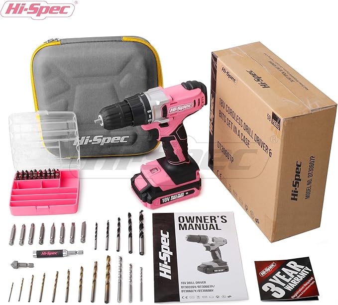 Hi-Spec Pink Cordless Drill Set, 18V Electric Drill - Image 7