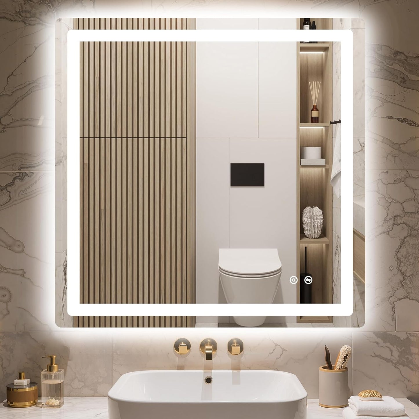 30x30 LED Bathroom Vanity Mirror with Lights, Anti-Fog, Dimmable | Front & Backlit with 3 Color Modes and Memory, 5mm Shatterproof Glass, Plug-in or Hardwired, Horizontal or Vertical