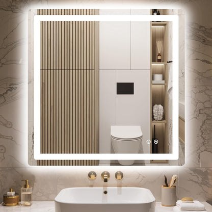 30x30 LED Bathroom Vanity Mirror with Lights, Anti-Fog, Dimmable | Front & Backlit with 3 Color Modes and Memory, 5mm Shatterproof Glass, Plug-in or Hardwired, Horizontal or Vertical