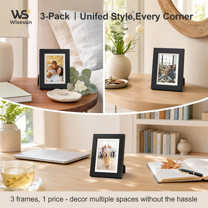 5x7 Picture Frame Black - 3 Pack, Solid Wood Frame, with HD Tempered Glass, Displays 4x6 or 5 x 7 Photo, for Tabletop & Wall in Living Room, Bedroom, Office, Gallery