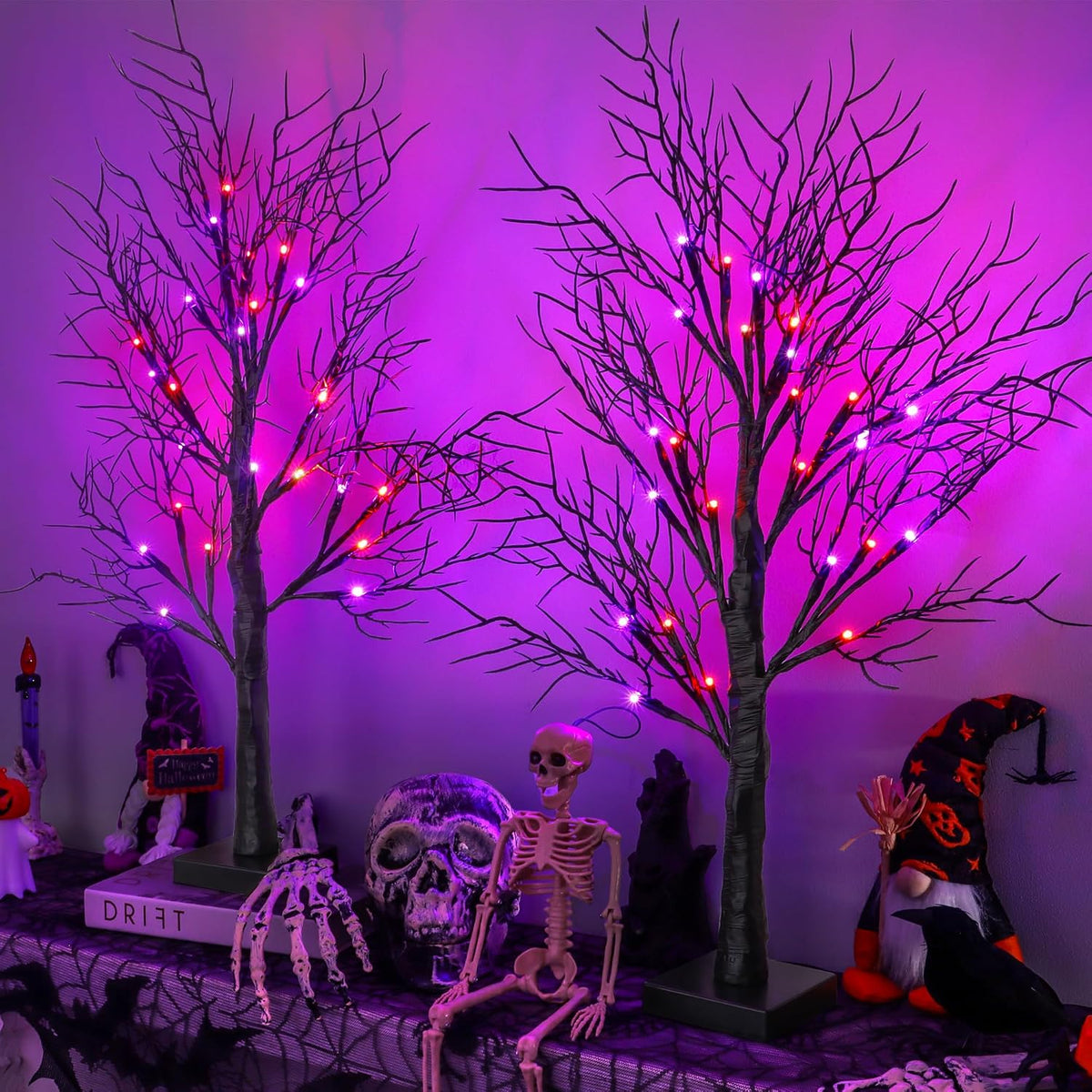 Halloween Decorations Indoor 2 Pack 24 Inch Black Halloween Tree with 48 Oran...