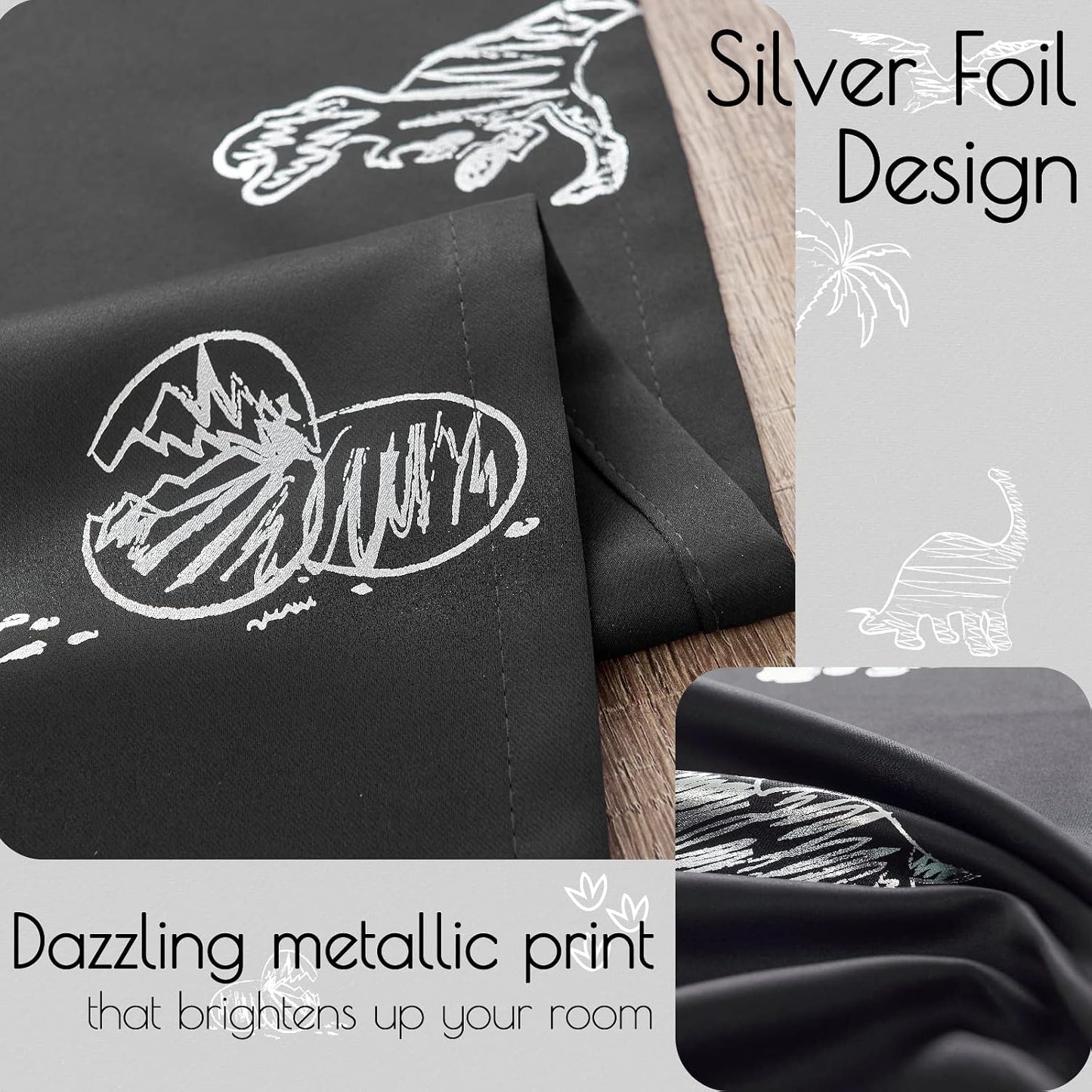 Kids Blackout Curtains for Bedroom 63 Inches Black 2 Panels | Blackout, Grommet, Silver Dino Foil Thermal Insulated Drapes for Boys Girls ‌Newborn‌ ‌Toddler‌ ‌Preschooler Nursery