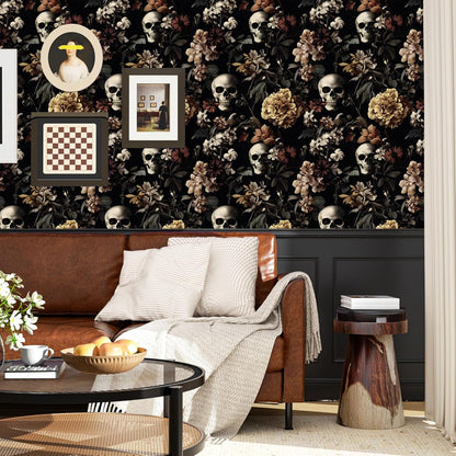 BOKEBEVE Gothic Skull Peel and Stick Wallpaper Vintage Black 17.5 x 118In | Floral Contact Paper Self Adhesive Removable Renter Friendly Wall Paper for Feature Wall Bedroom Bathroom Halloween Decor