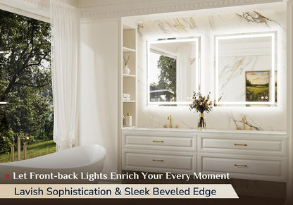 Keonjinn 30" x 36" Beveled LED Bathroom Mirror with Lights, Tempered Glass | Front and Backlight, Lighted Mirrors for Bathroom Wall, 3 Color Lights, Fast Defogging, Stepless Dimmable, Hardwired/Plug in