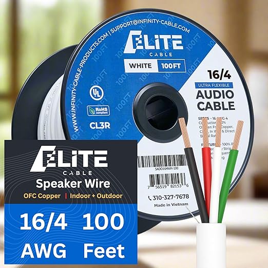 Elite 16/4 Speaker Wire 100ft, UL Listed, by InfinityCableProducts