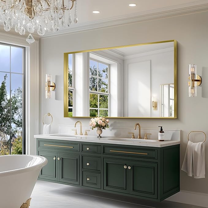 CIRCUMI Gold Bathroom Mirror, Brushed Finish, Tempered Glass, Large Mirror - Image 2